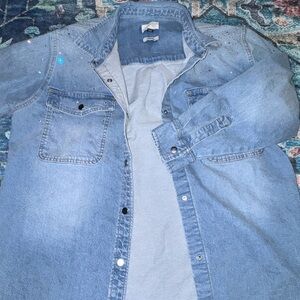 Light Wash Light Blue Denim Oversized Shirt with Rhinestone Details